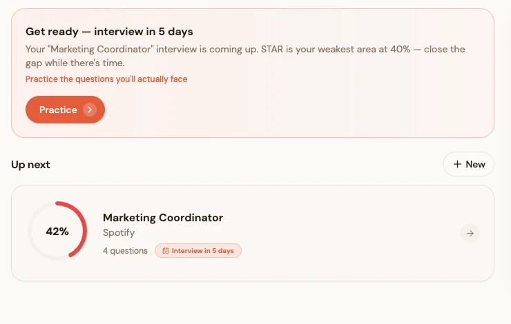 InterviewPracticeAI dashboard showing a goal card that counts down the days until the user's interview, with a prompt to practise the questions they'll actually face.